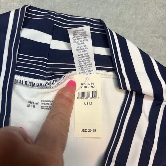Aerie High Cut Cheeky Bikini Bottom Navy White Stripe Retro Swim Size M NWT - Picture 6 of 6